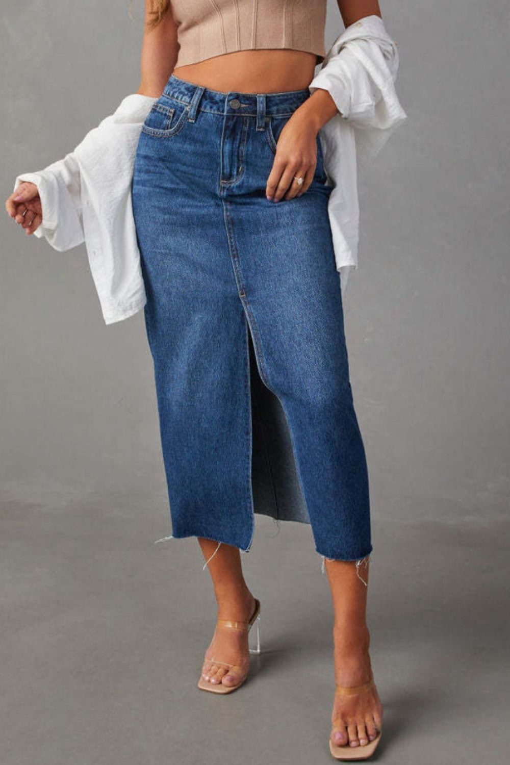 Slit Raw Hem Midi Denim Skirt - Beautifeye Boutique