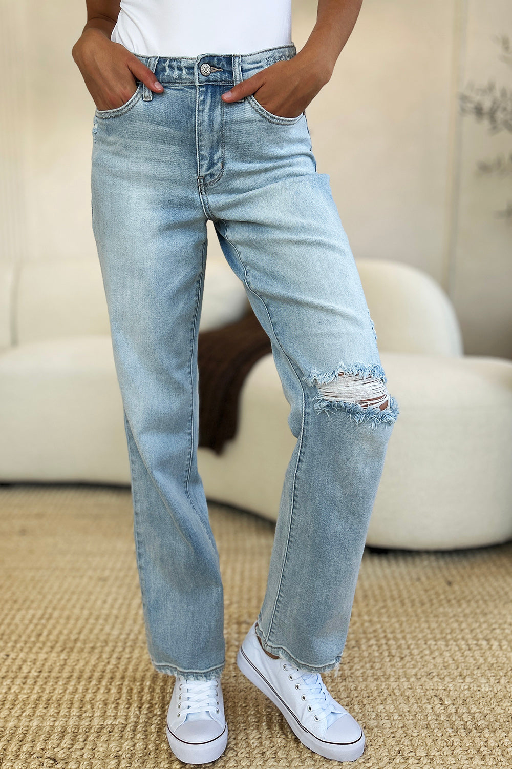 Judy Blue Full Size High Waist Distressed Straight Jeans - Beautifeye Boutique