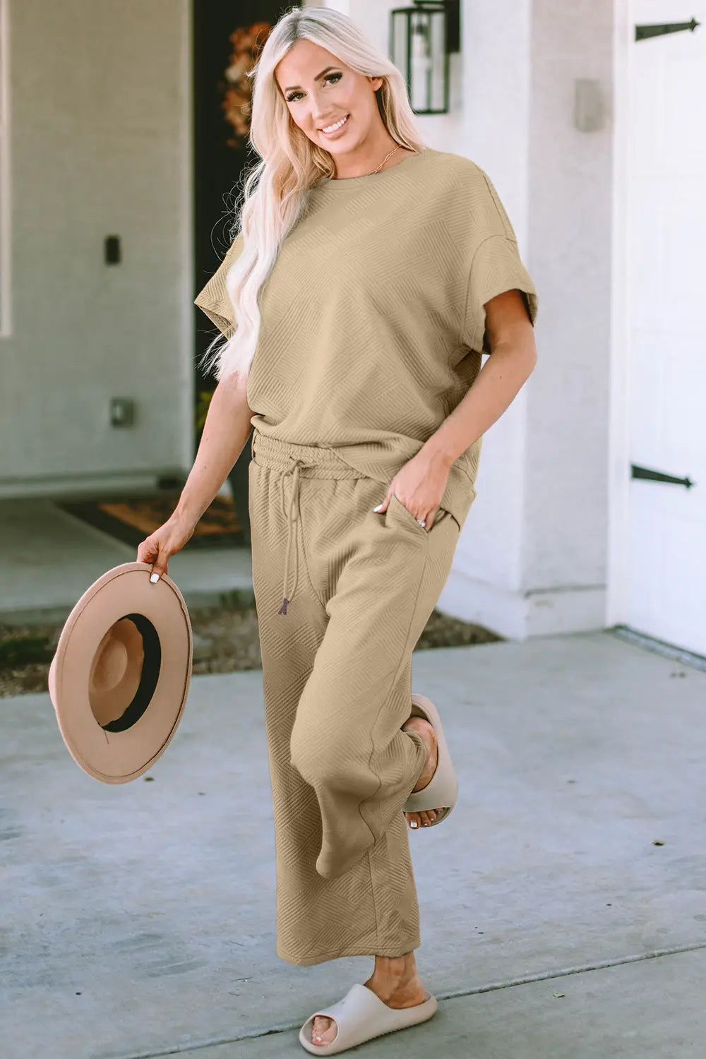 Double Take Full Size Texture Short Sleeve Top and Pants Set - Beautifeye Boutique