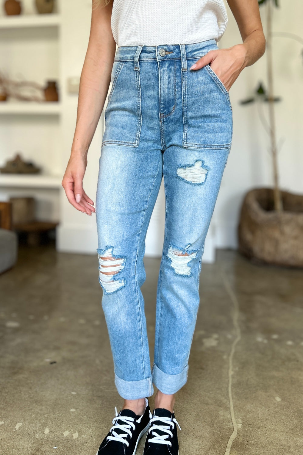 Judy Blue Full Size Distressed Straight Jeans with Patch Pockets - Beautifeye Boutique