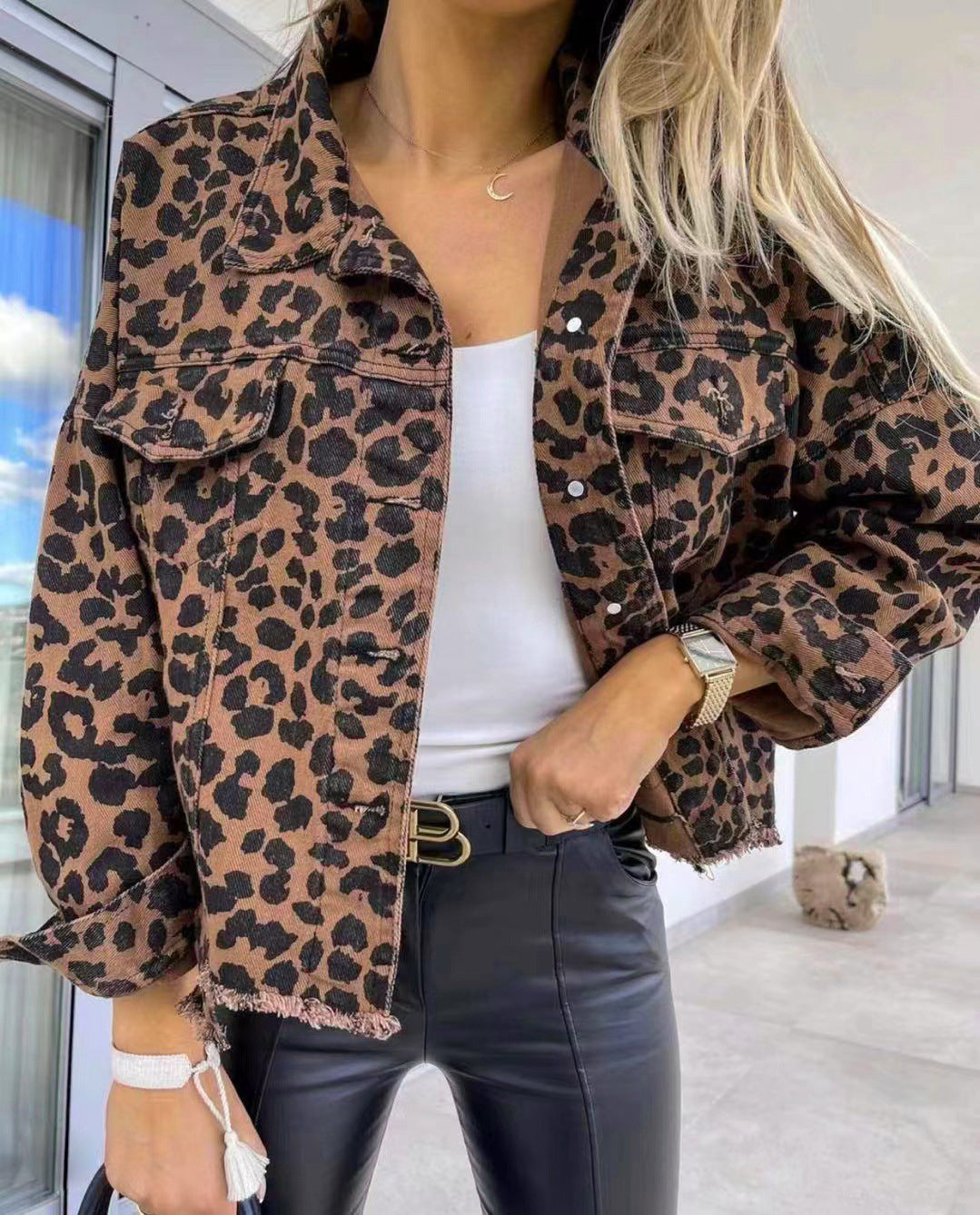 Raw Hem Leopard Collared Neck Denim Jacket - Beautifeye Boutique