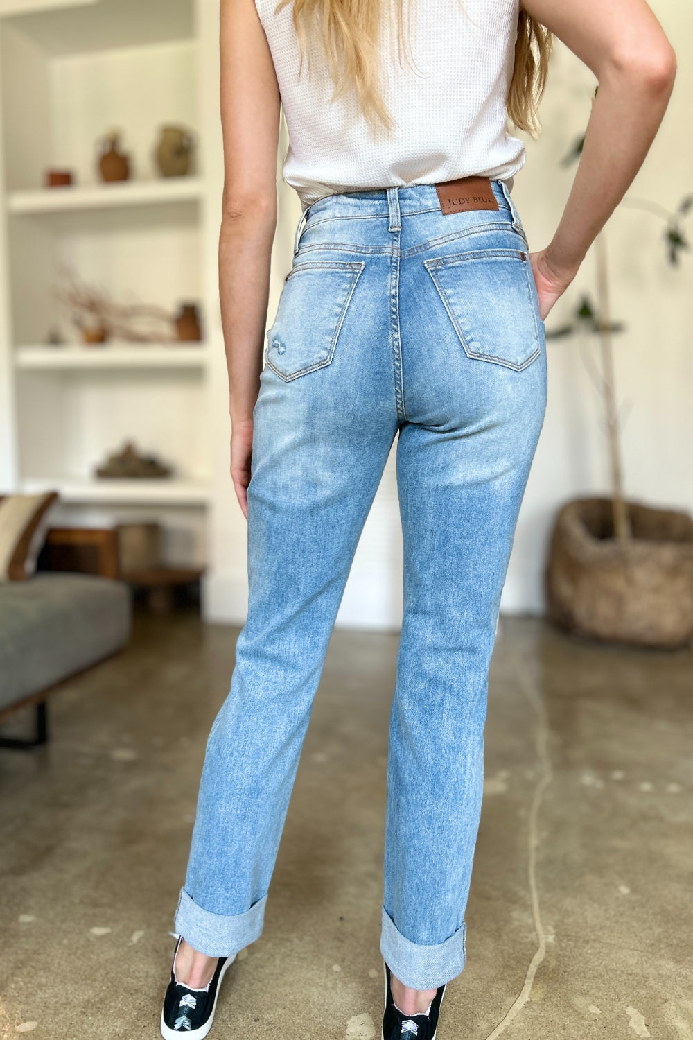 Judy Blue Full Size Distressed Straight Jeans with Patch Pockets - Beautifeye Boutique
