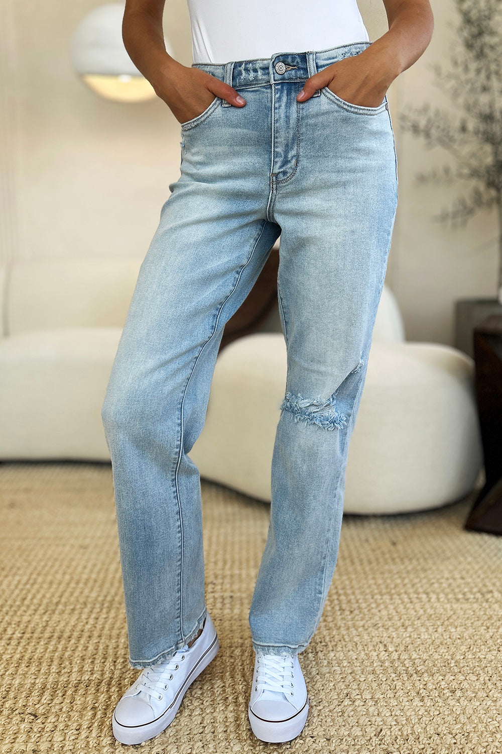 Judy Blue Full Size High Waist Distressed Straight Jeans - Beautifeye Boutique