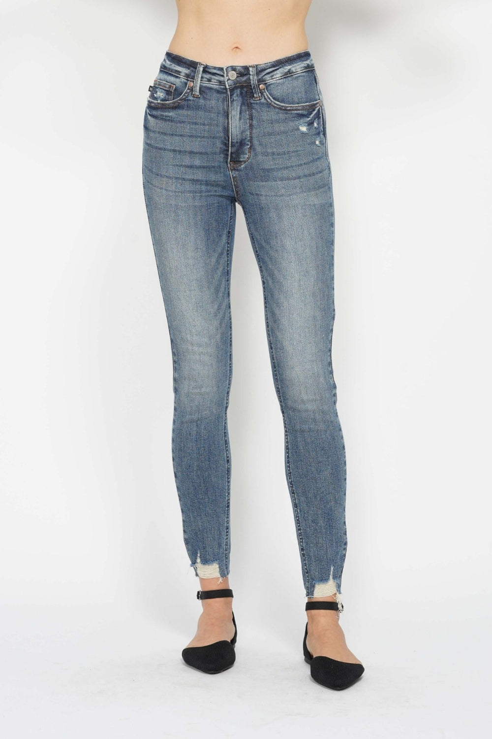 Judy Blue Full Size Tummy Control Vintage Wash Hem Destroy Skinny Jeans - Beautifeye Boutique