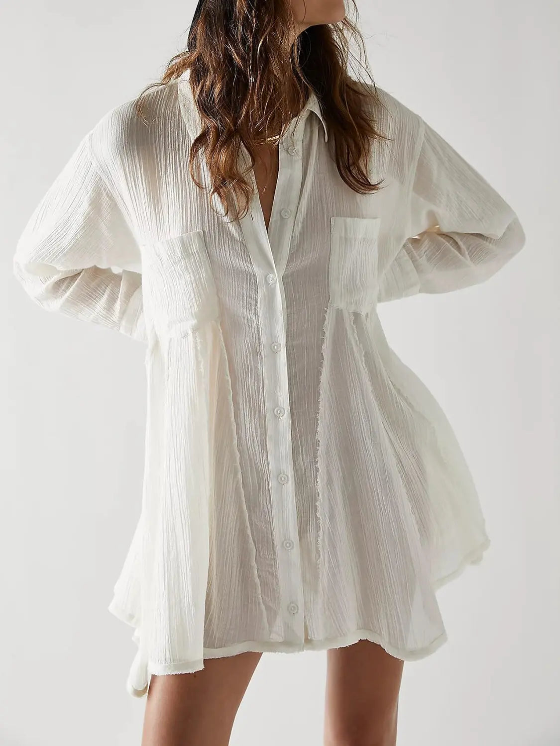 Button Up Collared Neck Long Sleeve Longline Shirt - Beautifeye Boutique