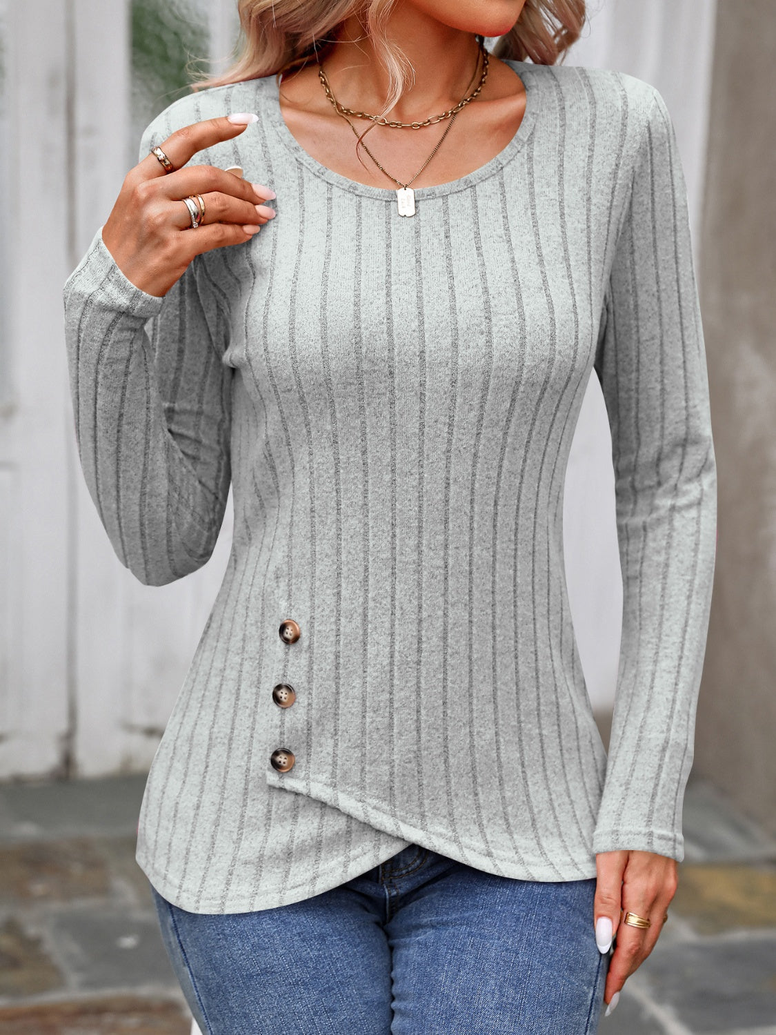 Decorative Button Round Neck Long Sleeve T-Shirt - Beautifeye Boutique