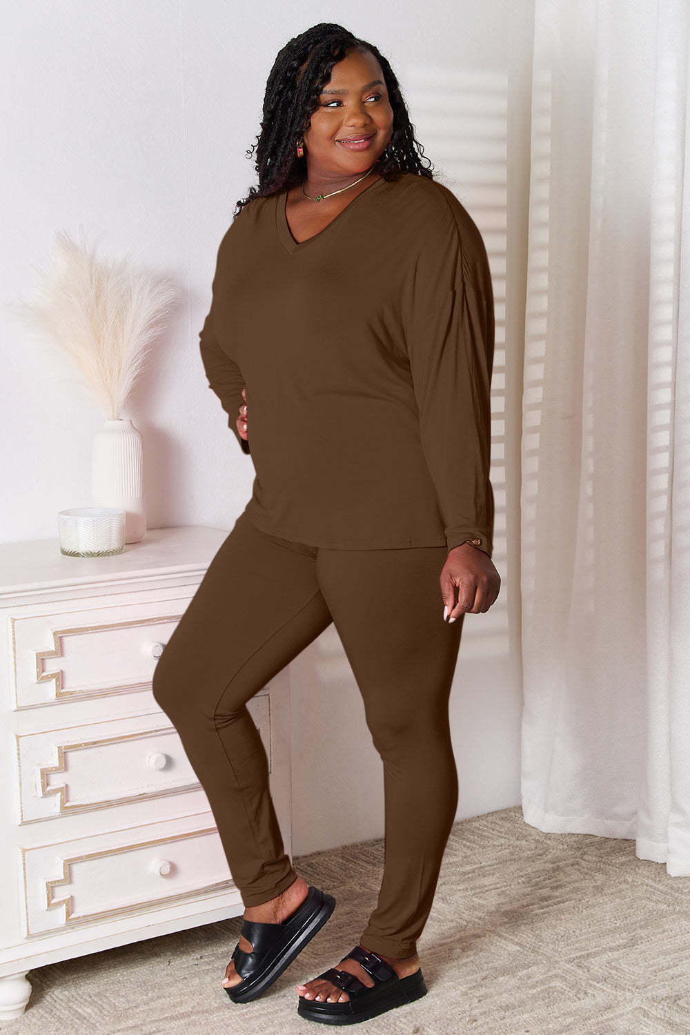 Basic Bae V-Neck Soft Rayon Long Sleeve Top and Pants Lounge Set - Beautifeye Boutique