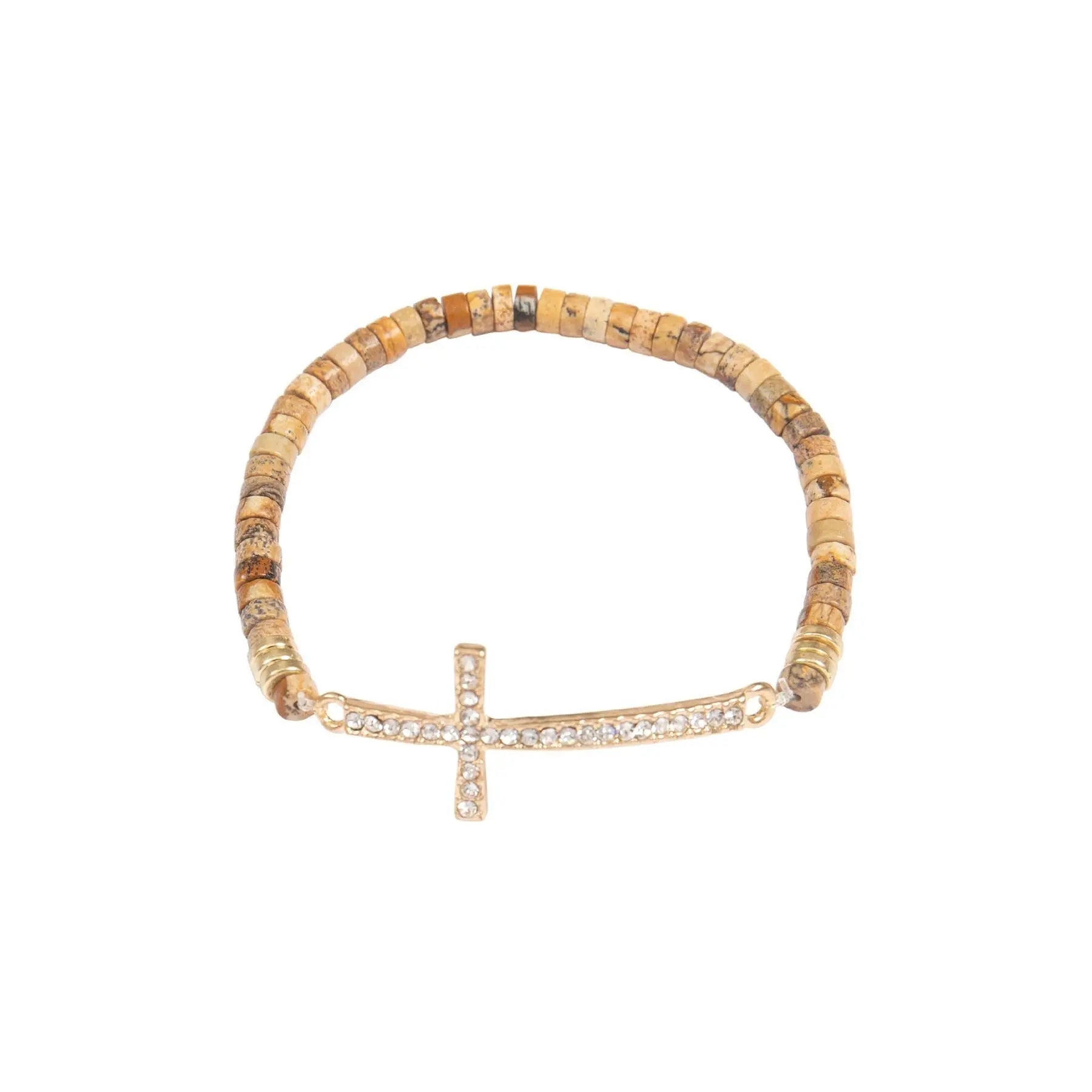 CROSS RHINESTONE WITH NATURAL STONE BEADS STRETCH BRACELET - Beautifeye Boutique