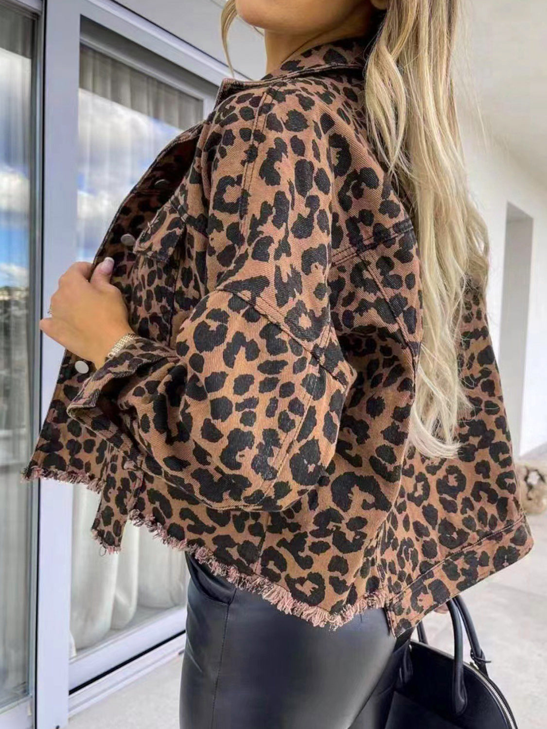 Raw Hem Leopard Collared Neck Denim Jacket - Beautifeye Boutique