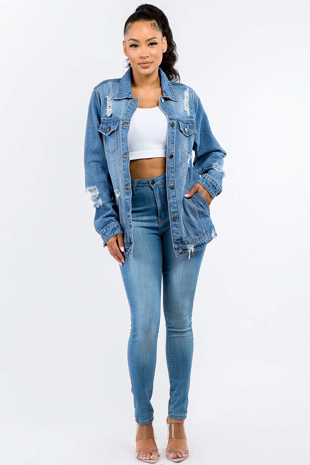 American Bazi Full Size Button Up Distressed Denim Jacket - Beautifeye Boutique