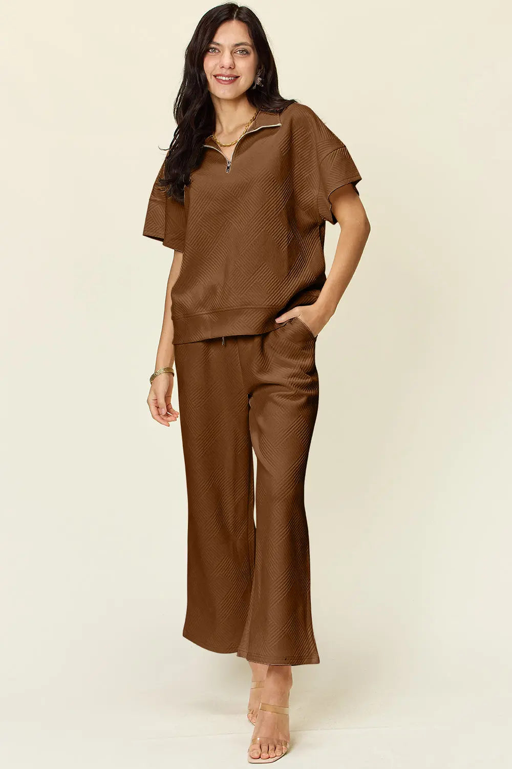 Double Take Full Size Texture Half Zip Short Sleeve Top and Pants Set - Beautifeye Boutique
