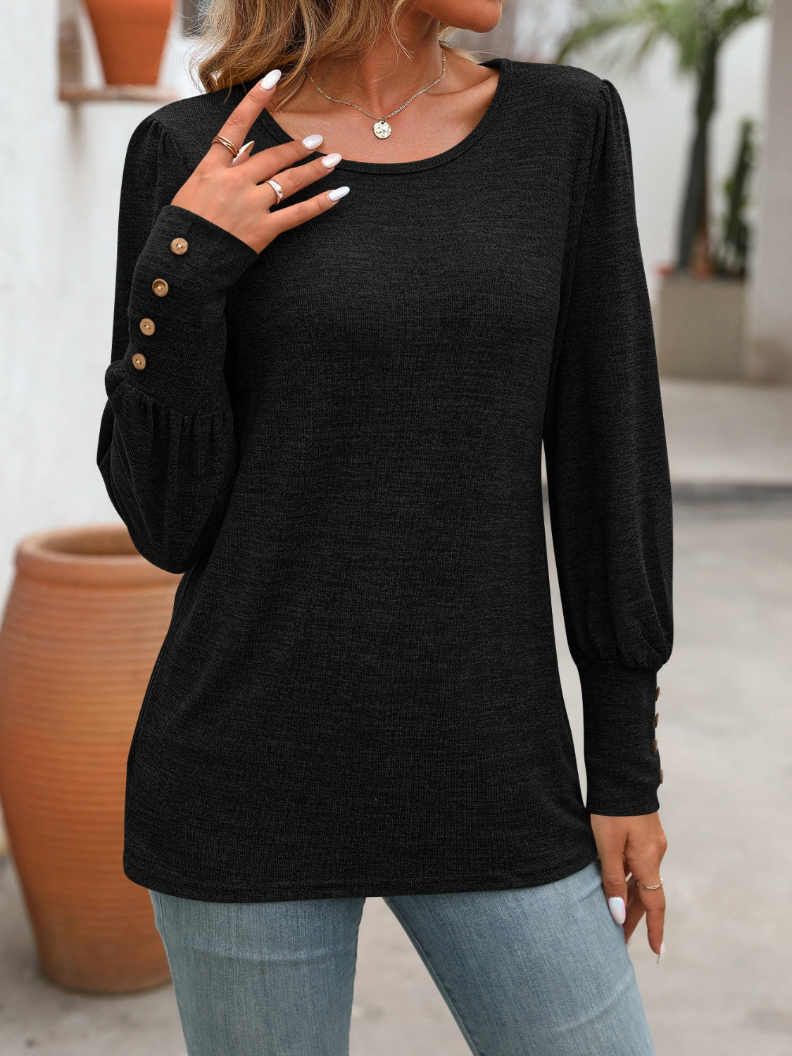 Decorative Button Round Neck Long Sleeve T-Shirt - Beautifeye Boutique