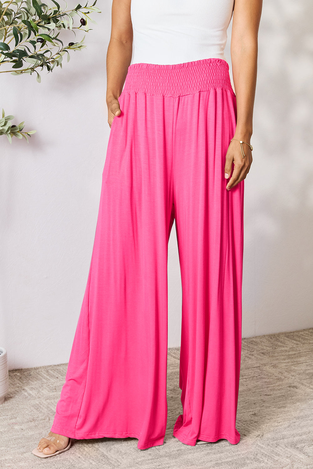 Double Take Full Size Smocked Wide Waistband Wide Leg Pants - Beautifeye Boutique