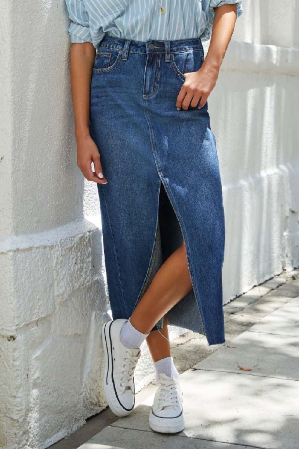 Slit Raw Hem Midi Denim Skirt - Beautifeye Boutique