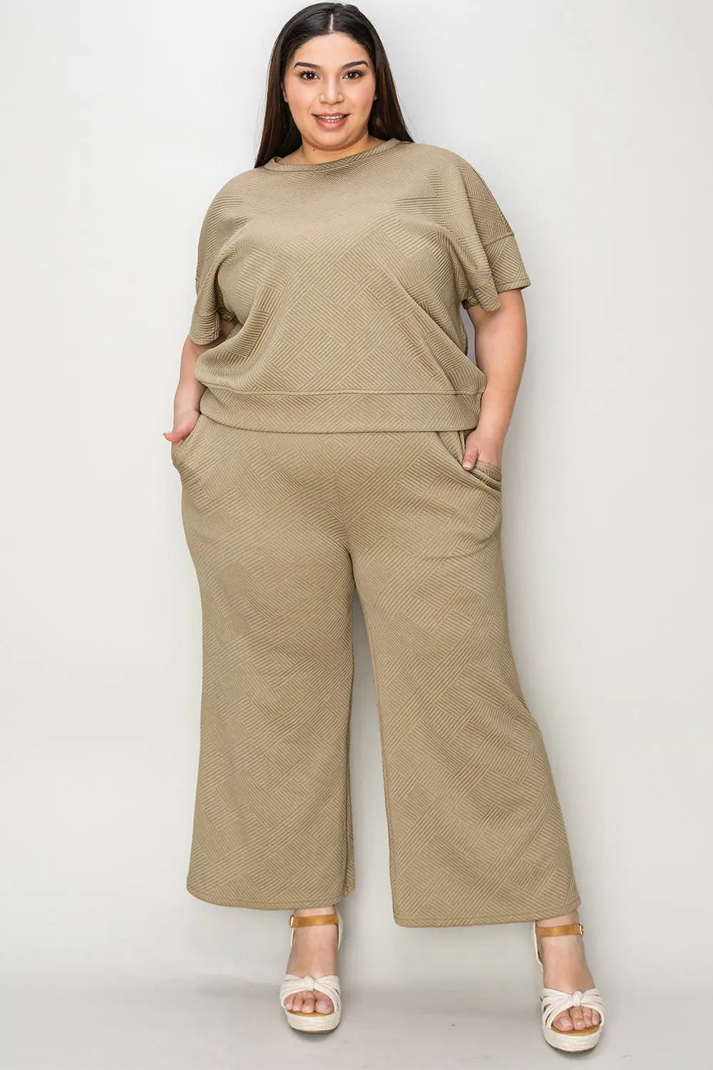 Double Take Full Size Texture Short Sleeve Top and Pants Set - Beautifeye Boutique