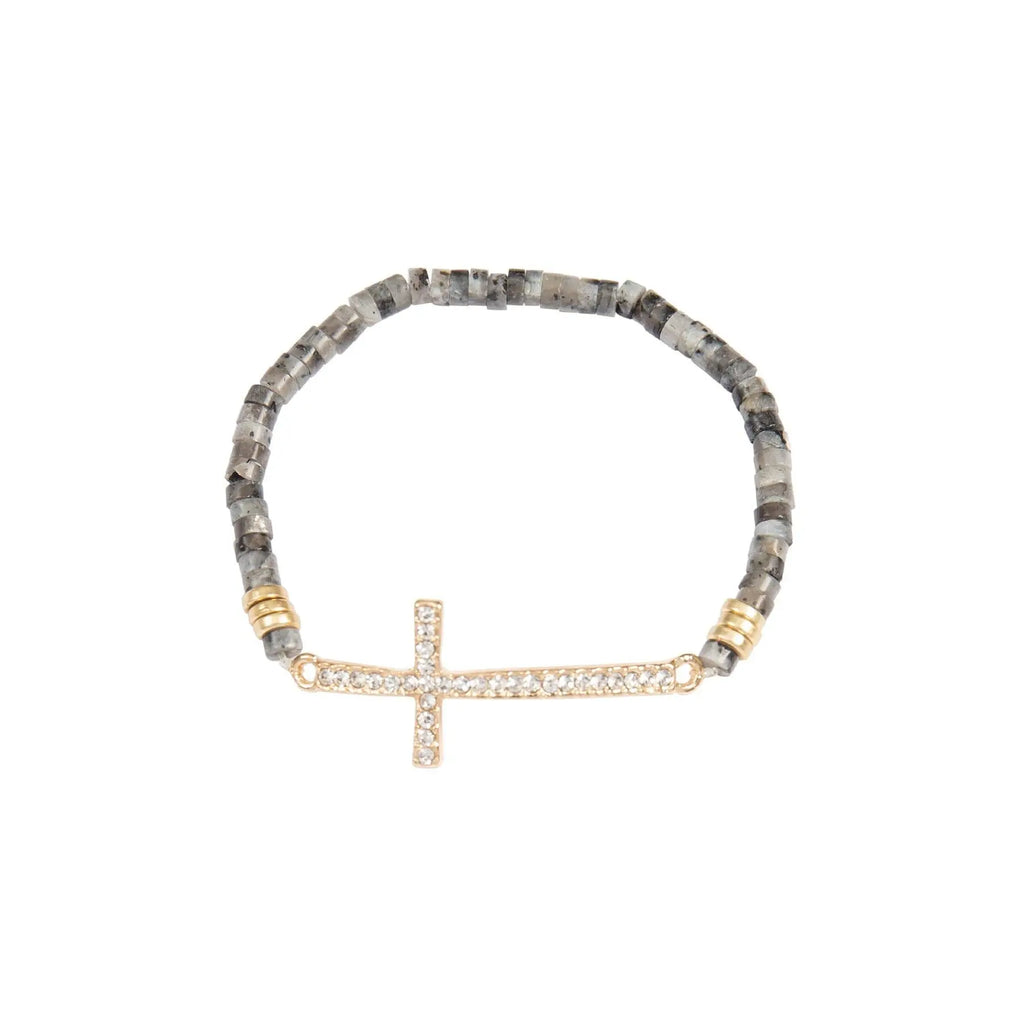 CROSS RHINESTONE WITH NATURAL STONE BEADS STRETCH BRACELET - Beautifeye Boutique