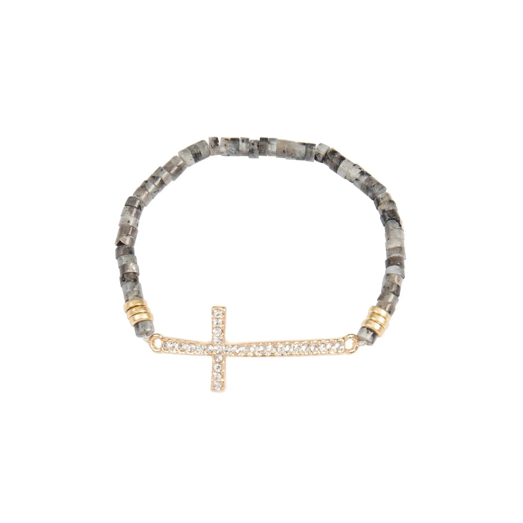 CROSS RHINESTONE WITH NATURAL STONE BEADS STRETCH BRACELET - Beautifeye Boutique