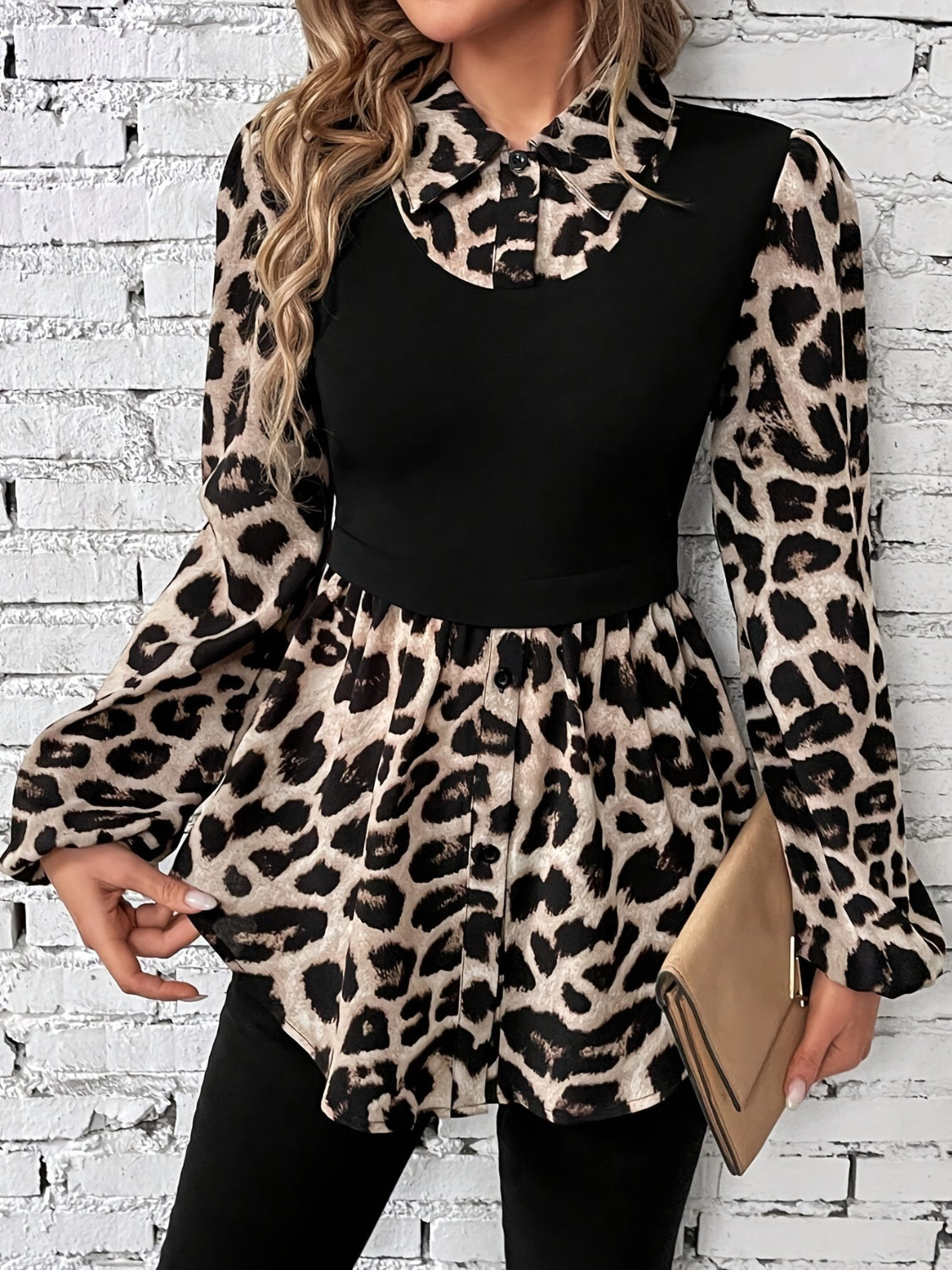 Leopard Collared Neck Balloon Sleeve Blouse - Beautifeye Boutique