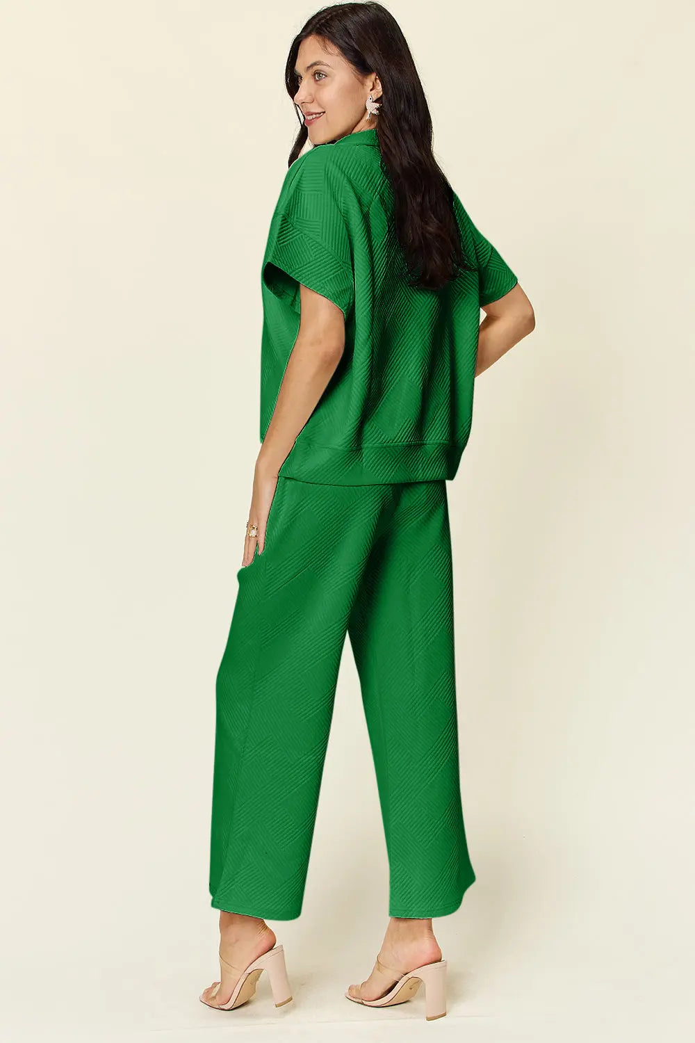 Double Take Full Size Texture Half Zip Short Sleeve Top and Pants Set - Beautifeye Boutique