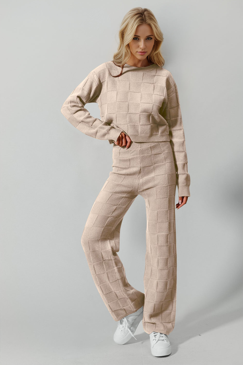 Double Take Full Size Checkered Round Neck Top and Pants Set - Beautifeye Boutique