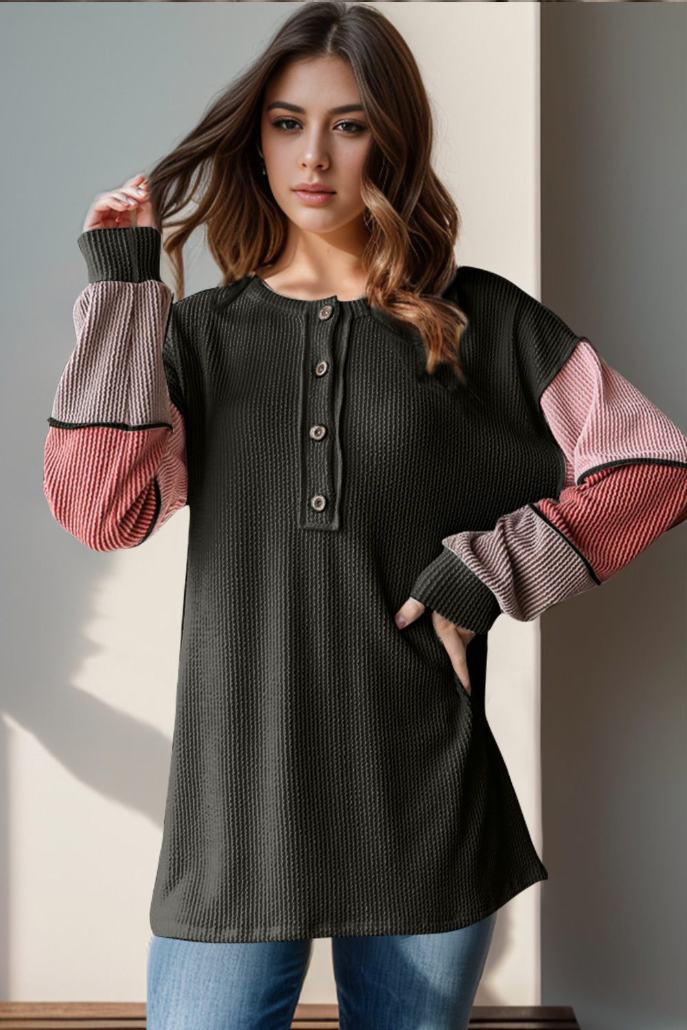 Double Take Full Size Color Block Round Neck Long Sleeve T-Shirt - Beautifeye Boutique