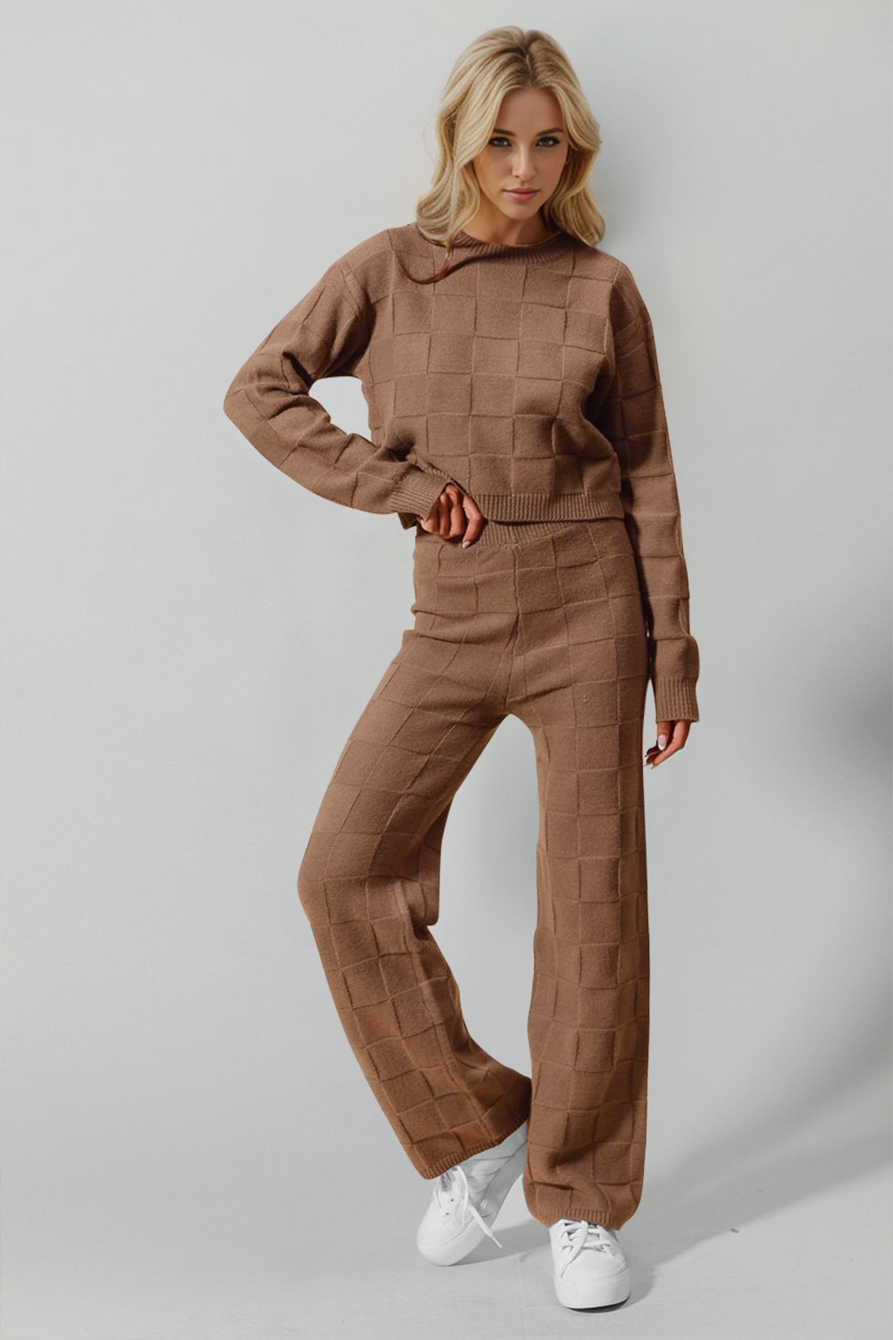 Double Take Full Size Checkered Round Neck Top and Pants Set - Beautifeye Boutique