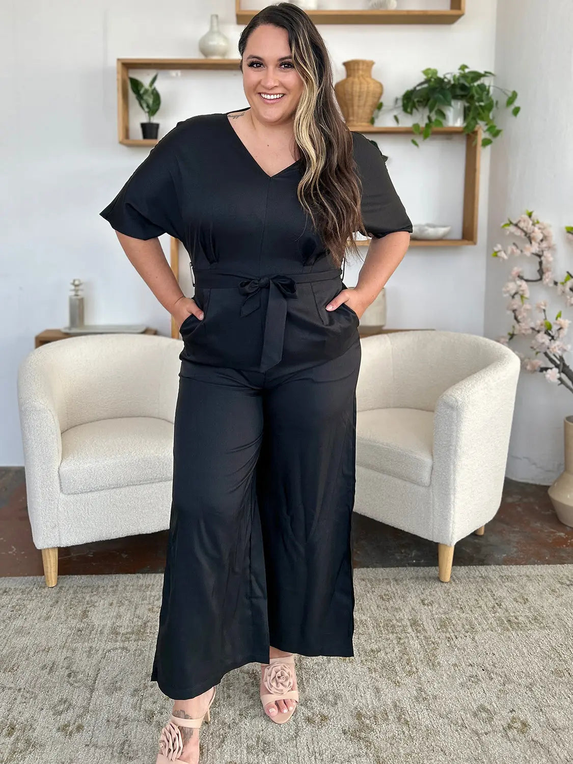 Double Take Full Size V-Neck Tied Side Slit Jumpsuit - Beautifeye Boutique