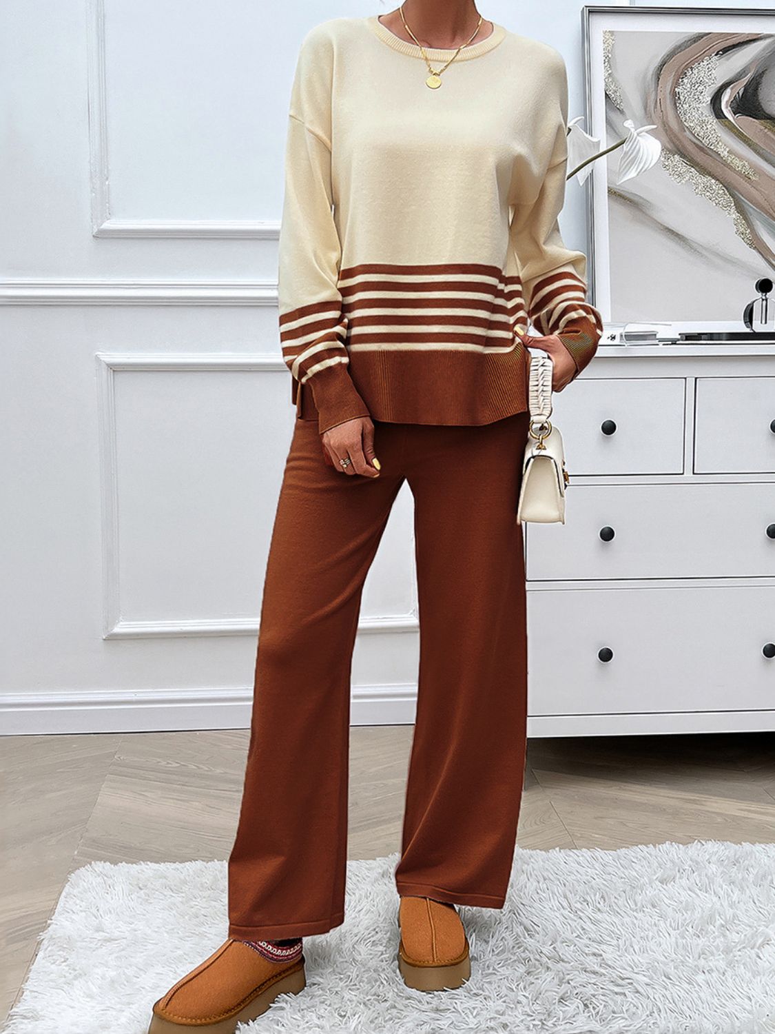Devine Slit Striped Round Neck Top and Pants Sweater Set Trendsi