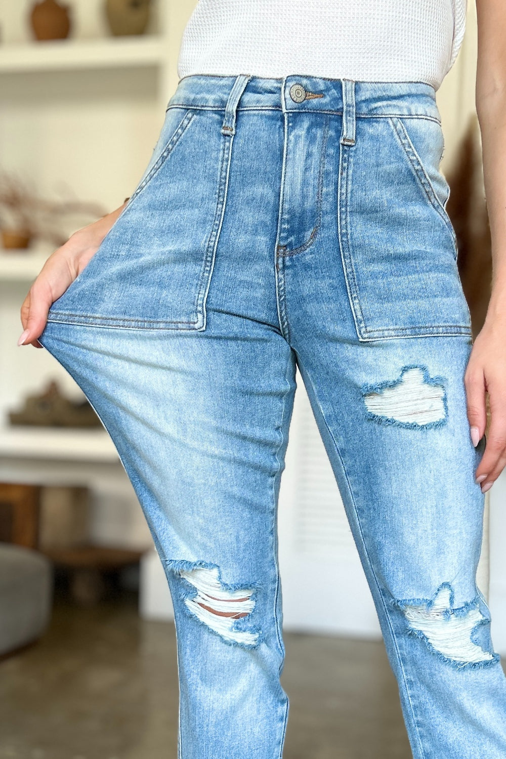 Judy Blue Full Size Distressed Straight Jeans with Patch Pockets - Beautifeye Boutique