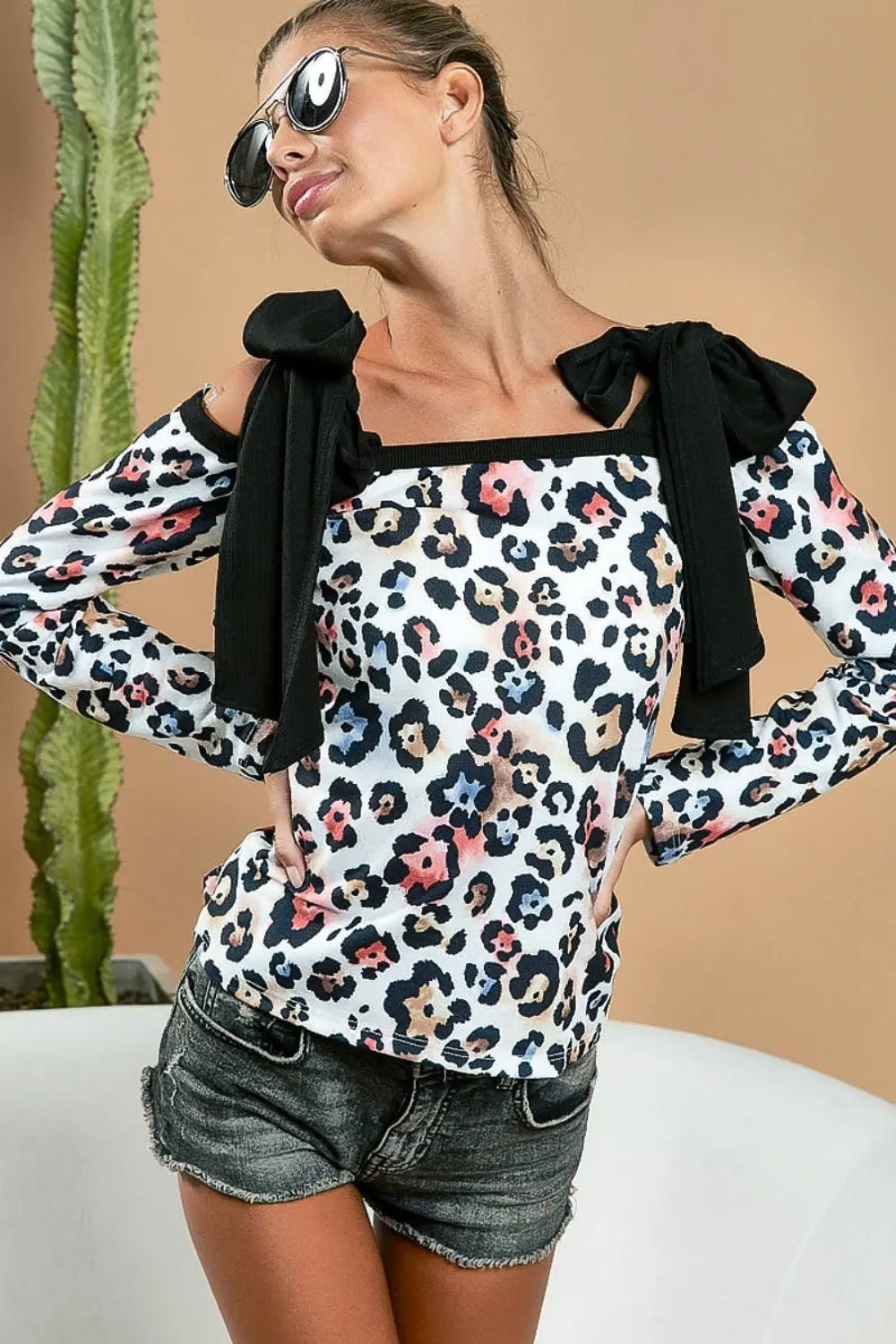 BiBi Leopard Shoulder Tie Long Sleeve Top - Beautifeye Boutique