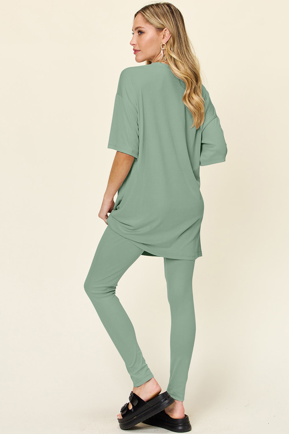 Double Take Full Size Round Neck Dropped Shoulder T-Shirt and Leggings Set - Beautifeye Boutique