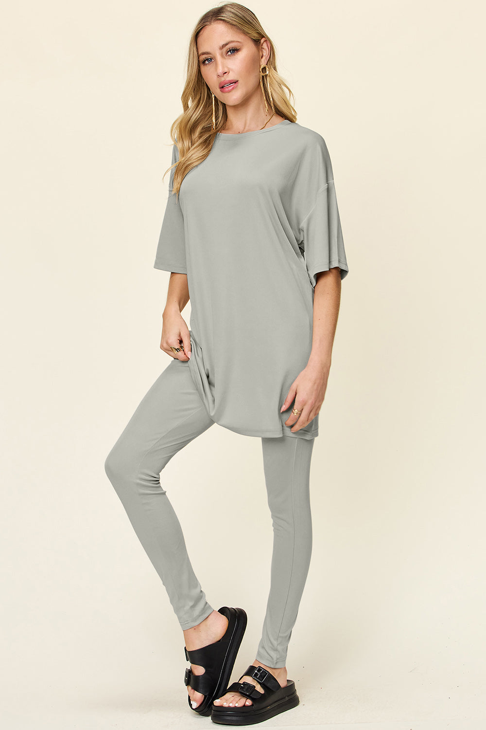 Double Take Full Size Round Neck Dropped Shoulder T-Shirt and Leggings Set - Beautifeye Boutique