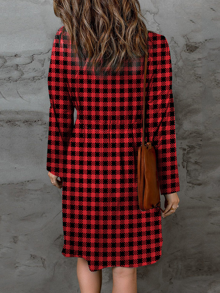 Double Take Full Size Plaid Round Neck Long Sleeve Magic Dress - Beautifeye Boutique
