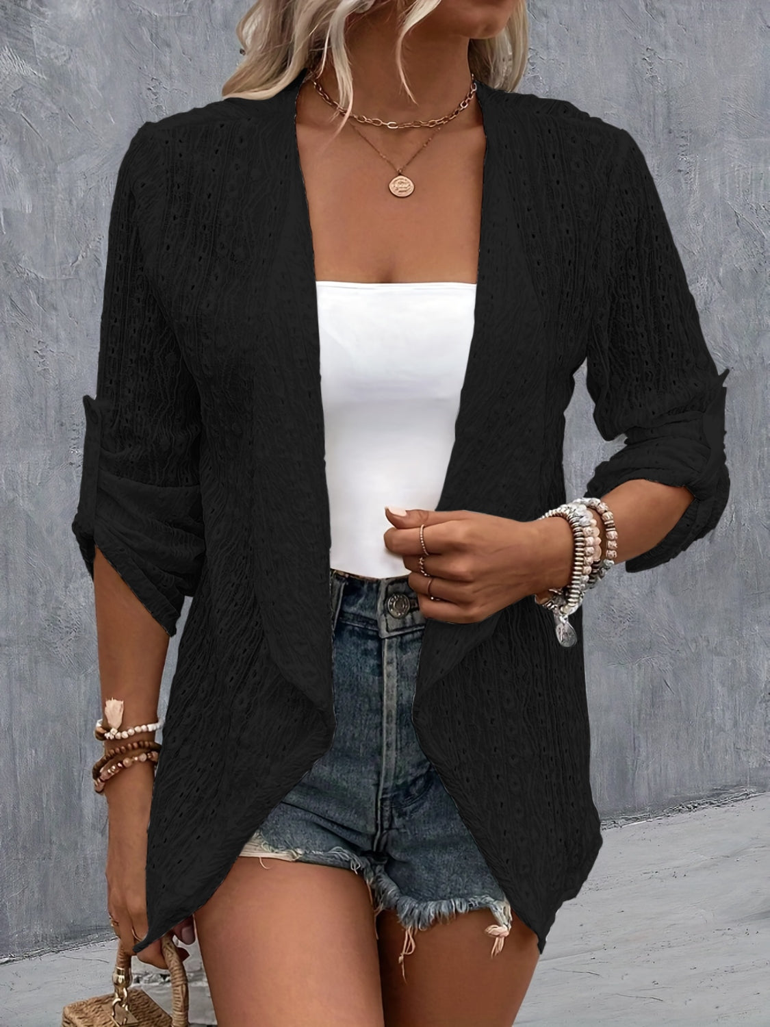 Eyelet Roll-Tab Sleeve Cardigan - Beautifeye Boutique