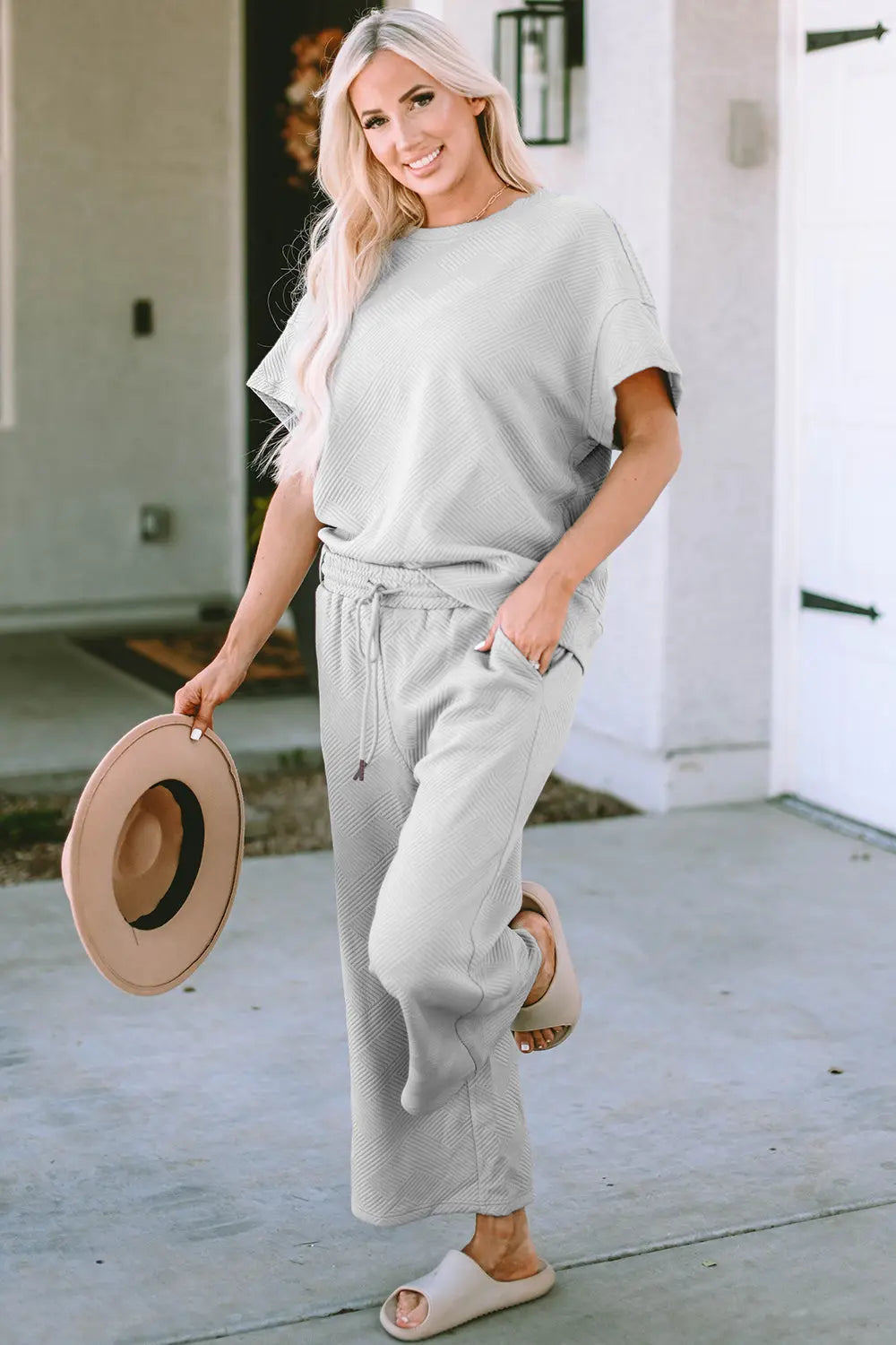 Double Take Full Size Texture Short Sleeve Top and Pants Set - Beautifeye Boutique