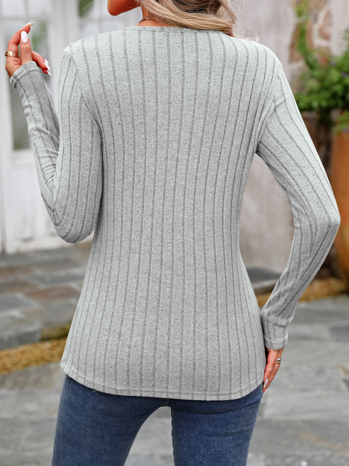 Decorative Button Round Neck Long Sleeve T-Shirt - Beautifeye Boutique