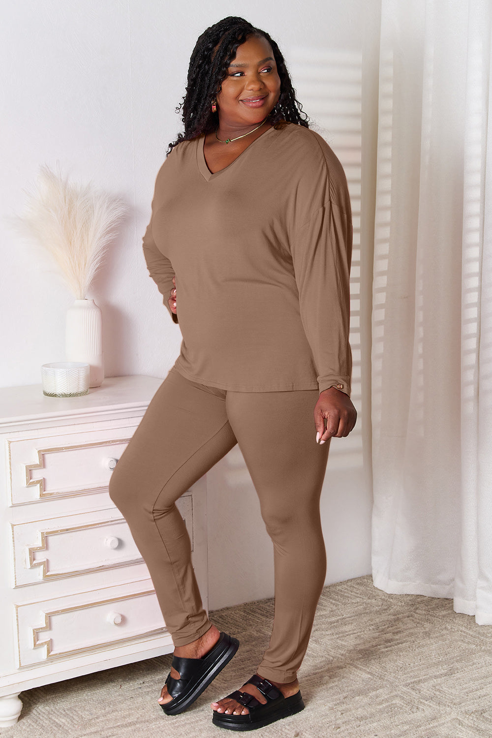 Basic Bae V-Neck Soft Rayon Long Sleeve Top and Pants Lounge Set - Beautifeye Boutique
