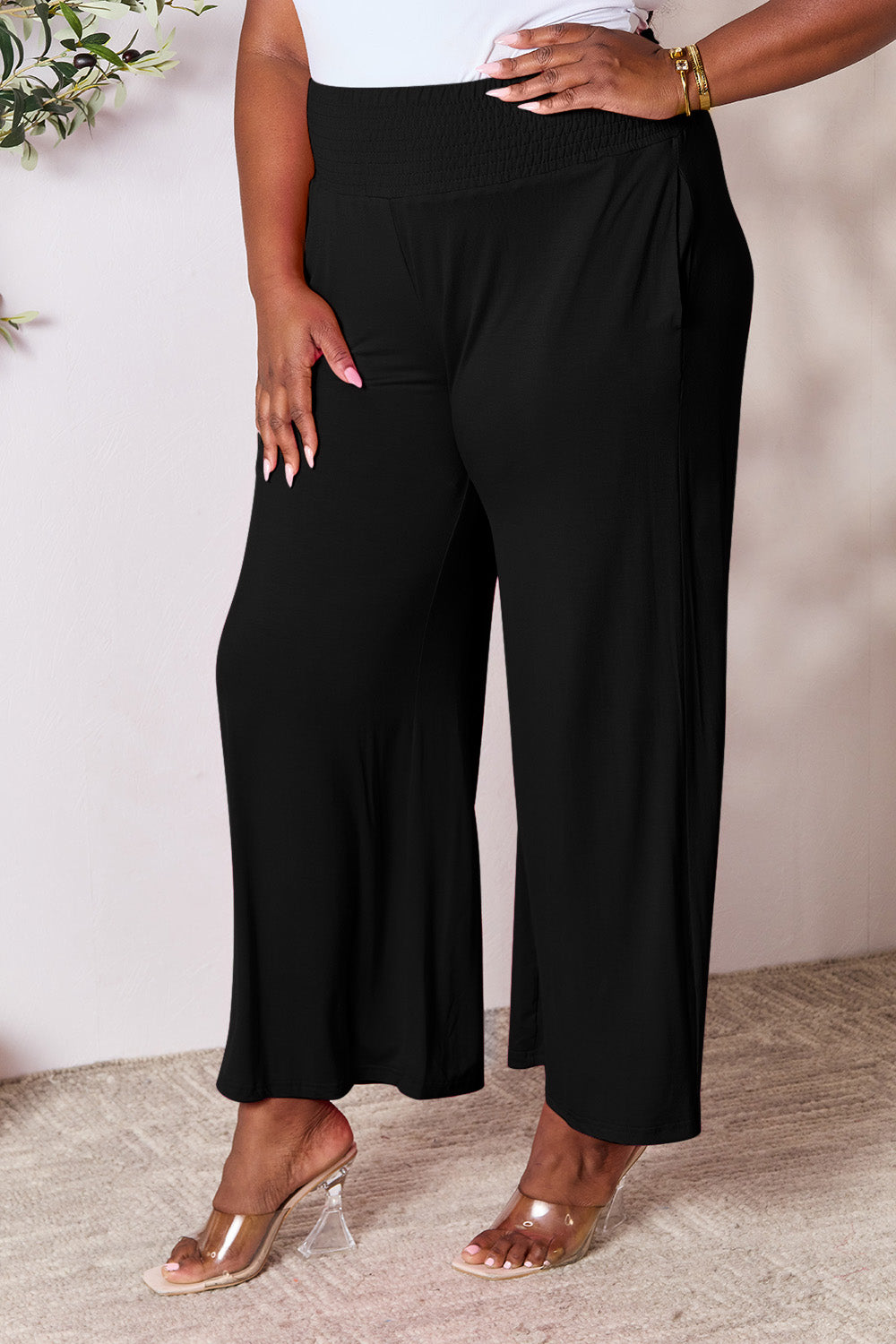 Double Take Full Size Smocked Wide Waistband Wide Leg Pants - Beautifeye Boutique