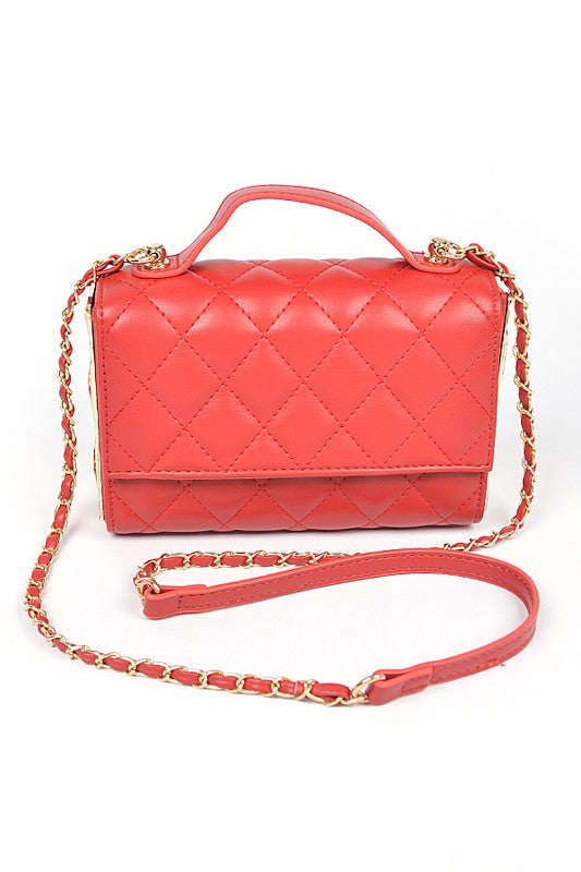 Gold Trim Quilted Top Handle Crossbody Bag - Beautifeye Boutique
