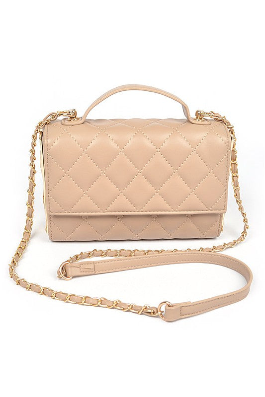 Gold Trim Quilted Top Handle Crossbody Bag - Beautifeye Boutique