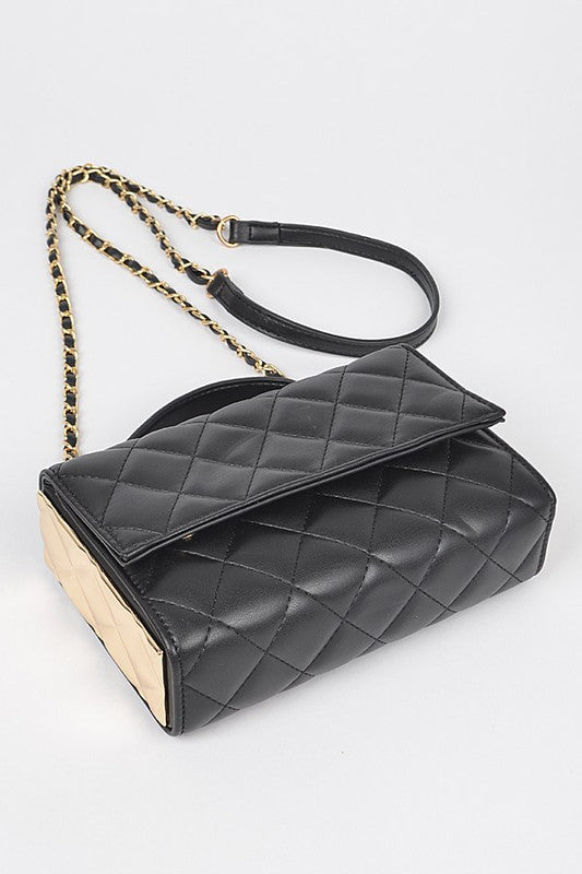 Gold Trim Quilted Top Handle Crossbody Bag - Beautifeye Boutique