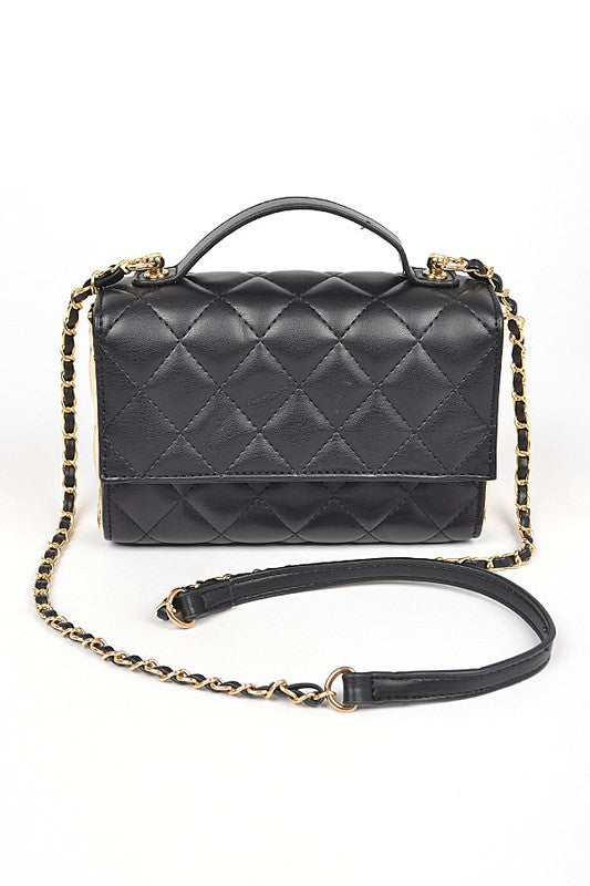 Gold Trim Quilted Top Handle Crossbody Bag - Beautifeye Boutique