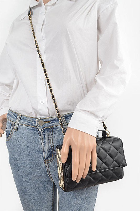 Gold Trim Quilted Top Handle Crossbody Bag - Beautifeye Boutique