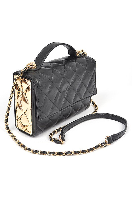 Gold Trim Quilted Top Handle Crossbody Bag - Beautifeye Boutique