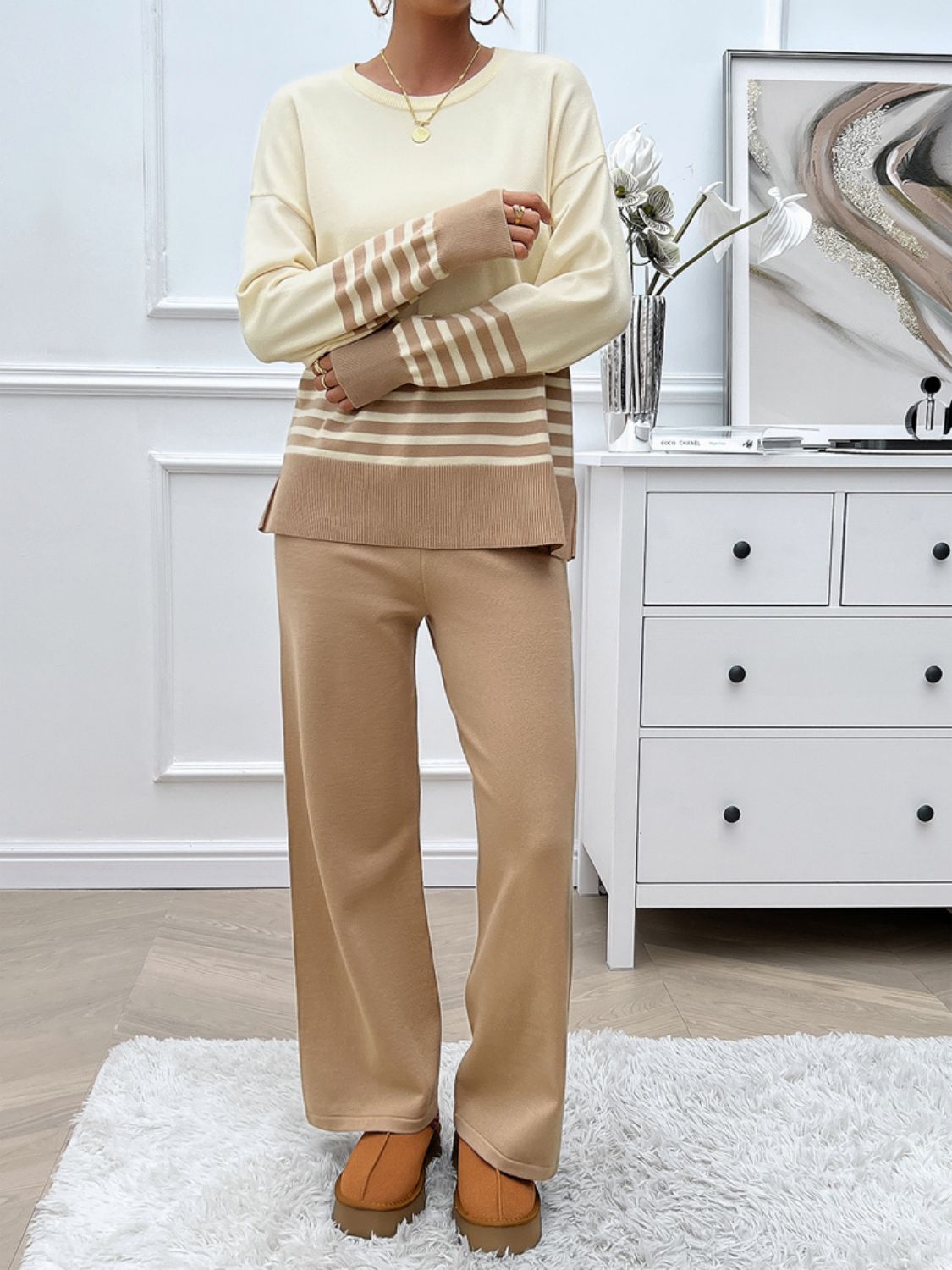 Devine Slit Striped Round Neck Top and Pants Sweater Set Trendsi