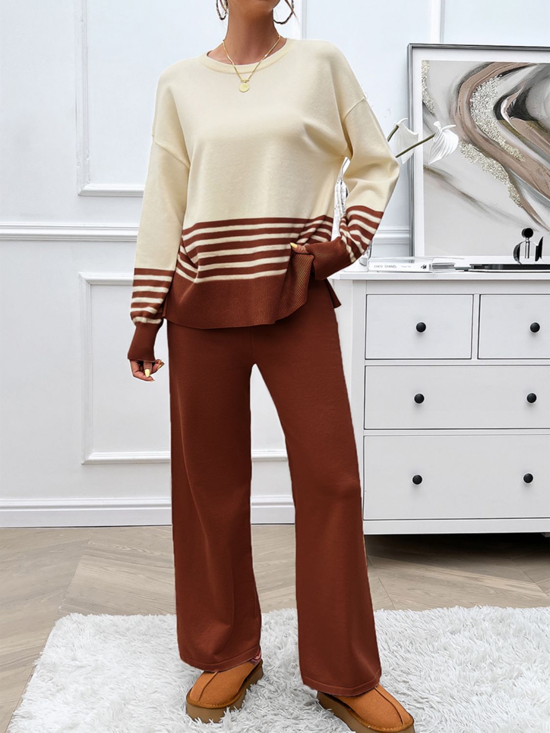 Devine Slit Striped Round Neck Top and Pants Sweater Set Trendsi