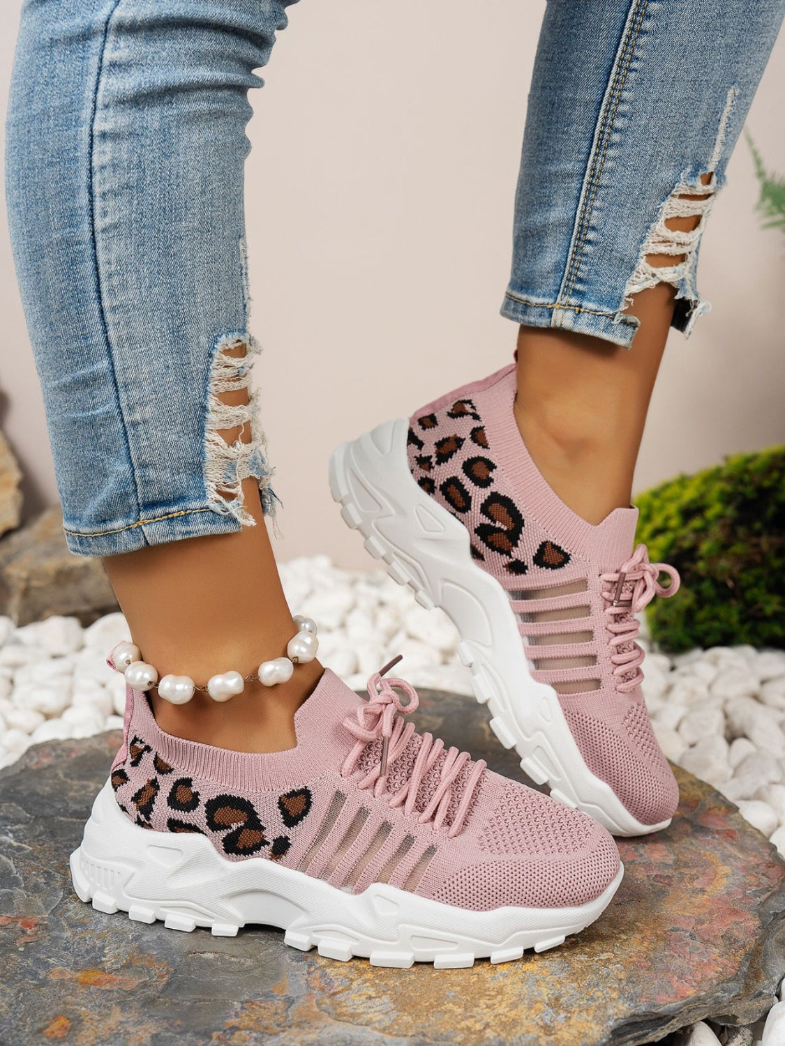Cutout Leopard Lace Up Mesh Athletic - Beautifeye Boutique
