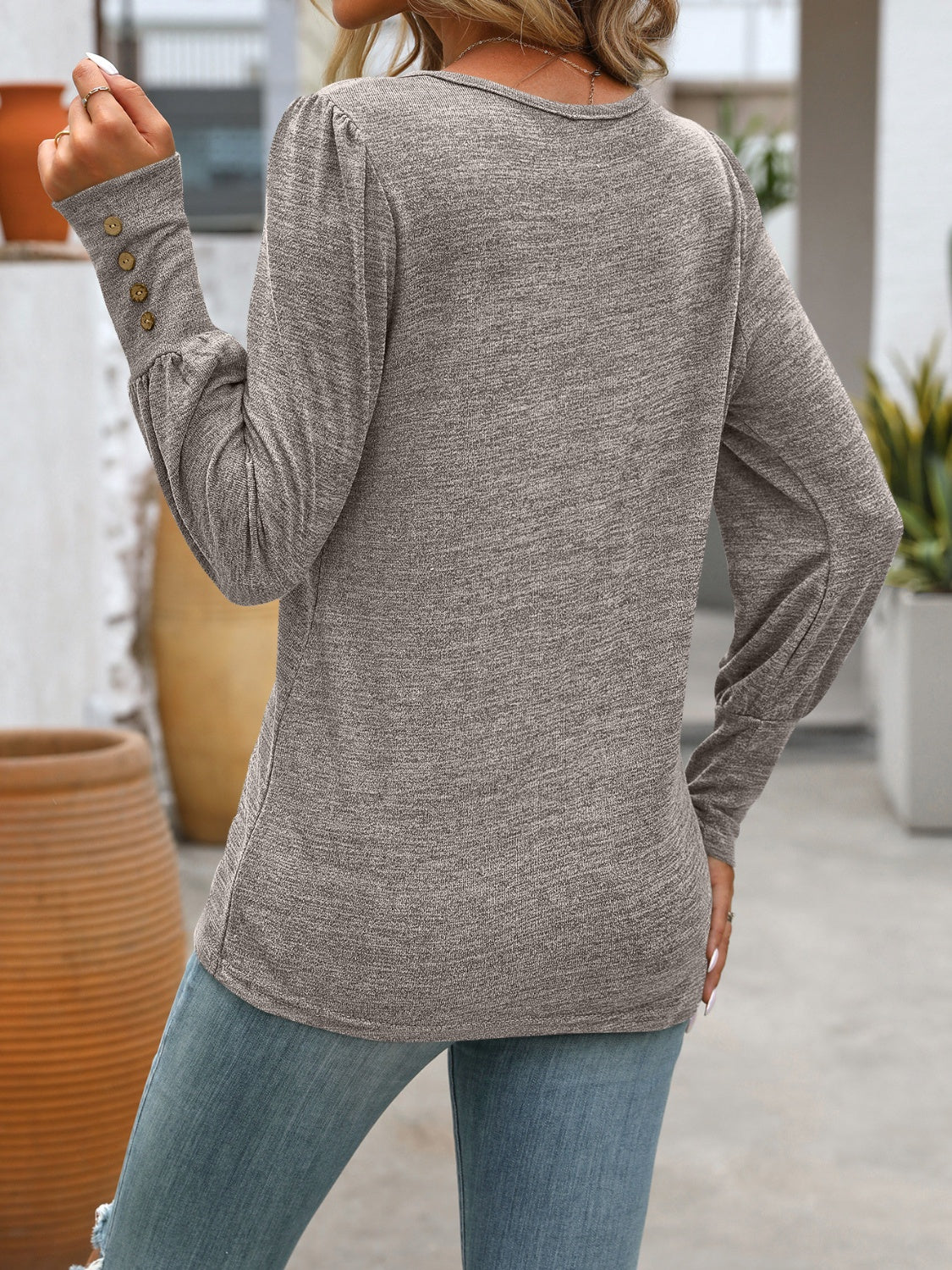 Decorative Button Round Neck Long Sleeve T-Shirt - Beautifeye Boutique