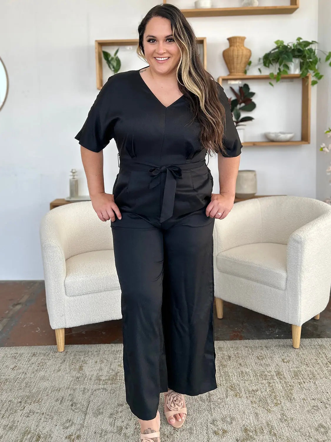 Double Take Full Size V-Neck Tied Side Slit Jumpsuit - Beautifeye Boutique
