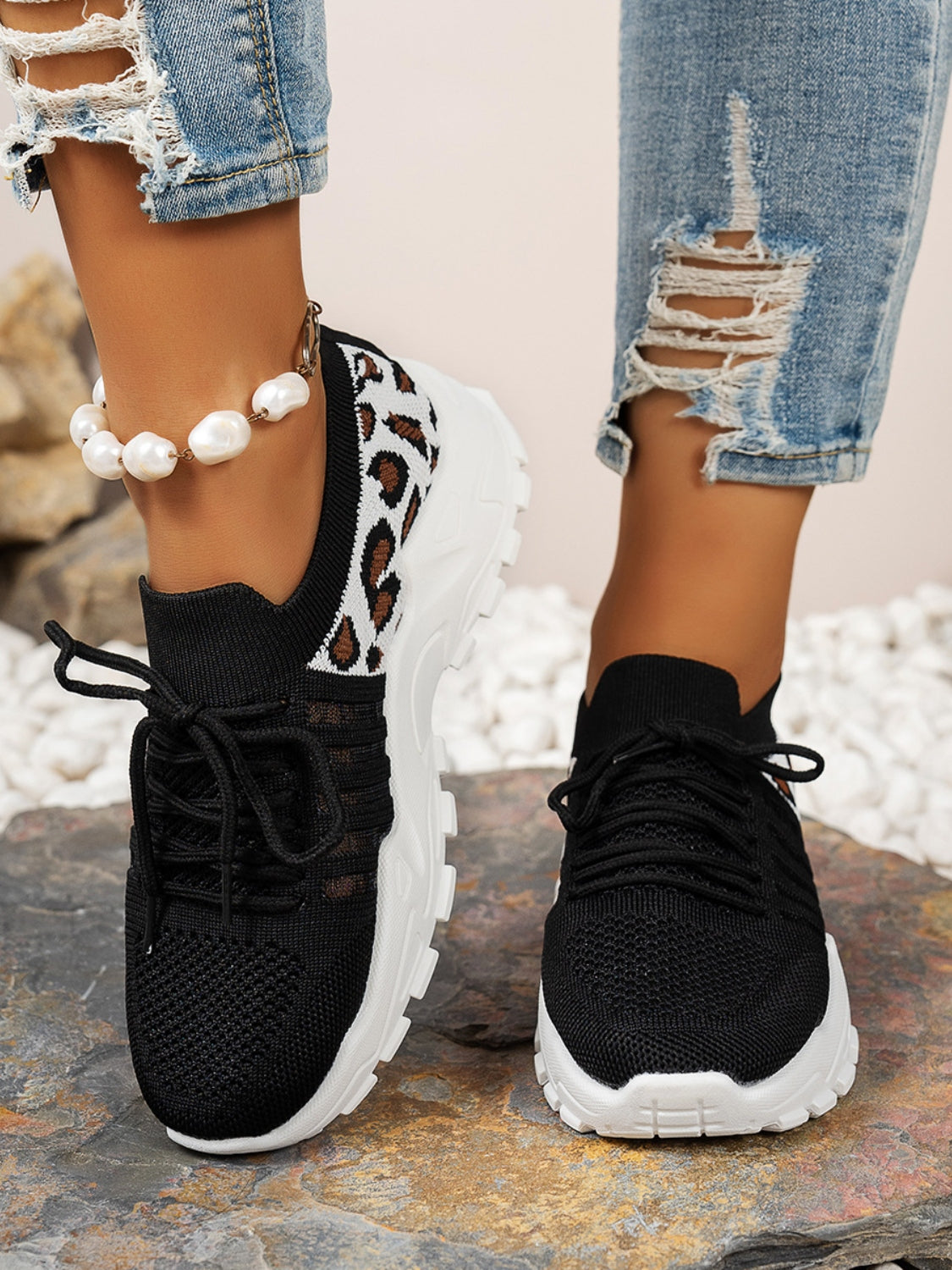 Cutout Leopard Lace Up Mesh Athletic - Beautifeye Boutique